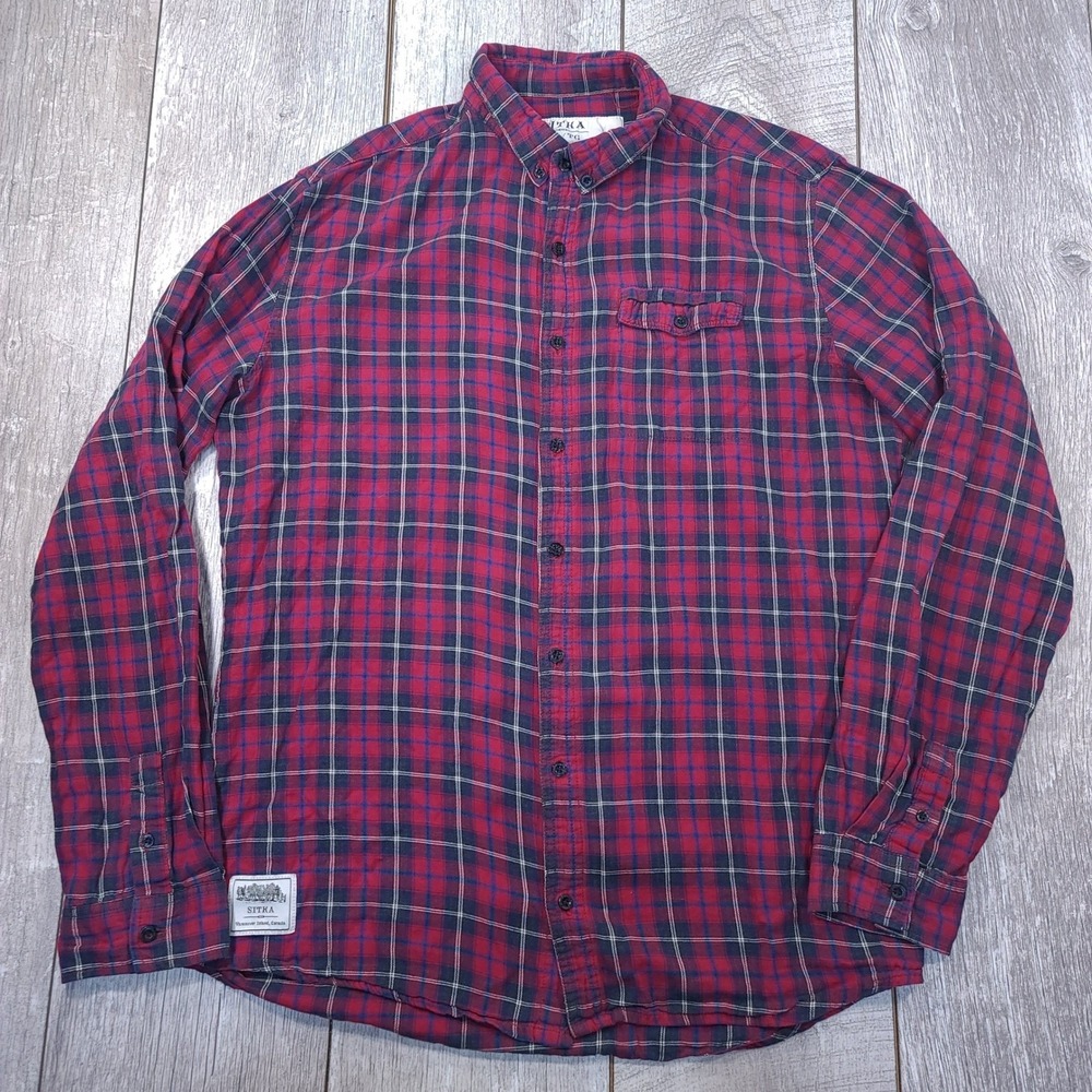 Sitka Button Down Shirt Mens XL Red Blue Plaid Flannel Long Sleeve Roll Up